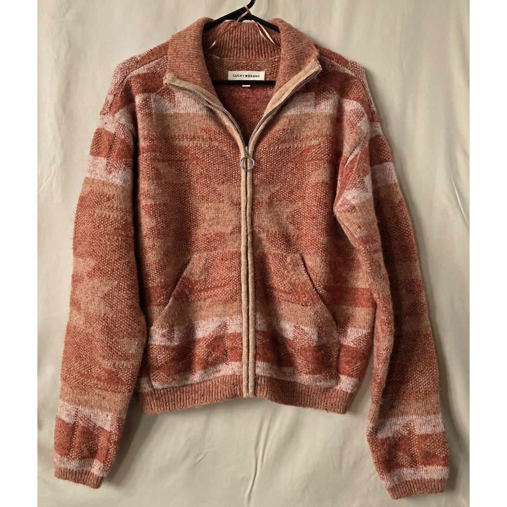 LUCKY BRAND southwest aztec full zip cardigan sweater track jacket Sz Medium